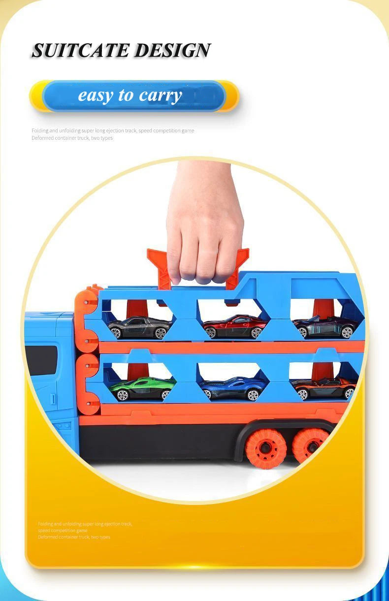 Large Car Transporter Truck with Folding Track and Racing Vehicles for Kids - Competitive Games and Storage Alloy Car Toy - Perfect Gift for Boys
