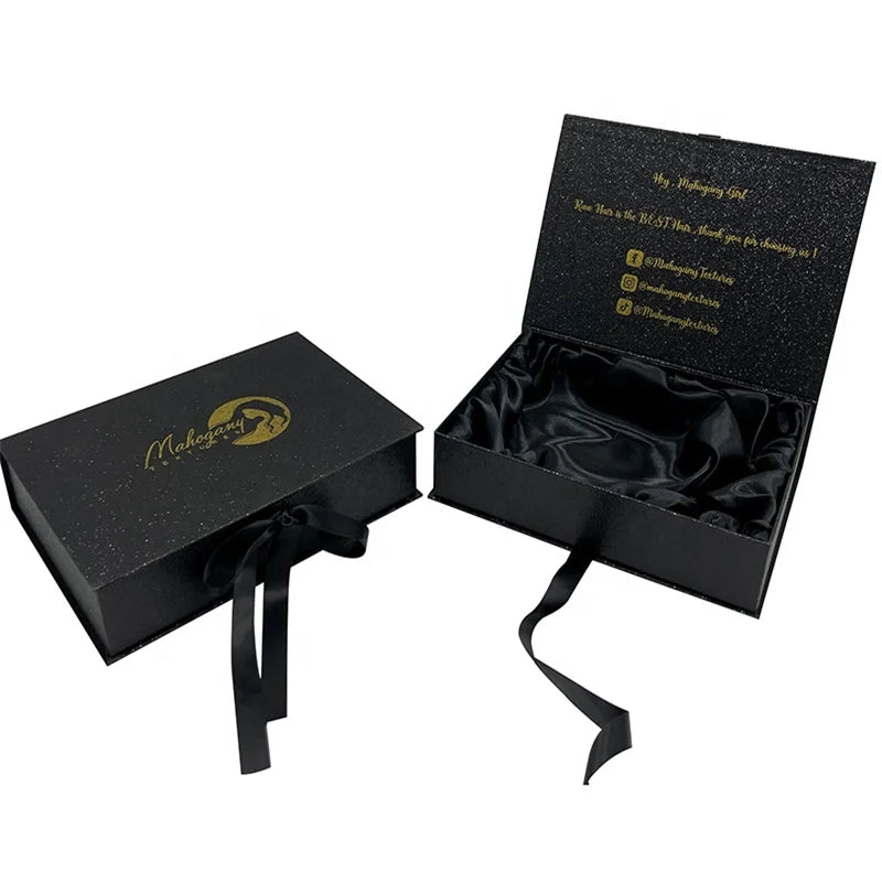 500pcs Luxury Black Wigs Box with Satin Insert Custom Human Hair Accessories Packaging Magnetic Lid  Beauty Box with Ribbon wj75