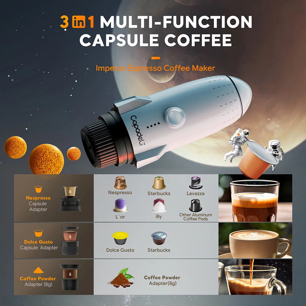 3-in-1 Portable Espresso Machine – Compatible with Nespresso Pods & Ground Coffee, Rechargeable for Travel/Car Use
