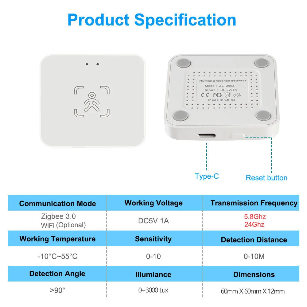 WiFi / Zigbee Smart Human Presence Sensor,Luminance/Distance Detection, Tuya Smart Life Home Automation,For Z2M Alexa, Google