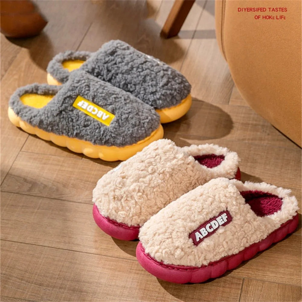 Women Winter Warm Home Slippers Thicken Indoor Boy Girl Floor Slides Plush High Heels Fur Cotton Shoes Ladies Couples Slipper