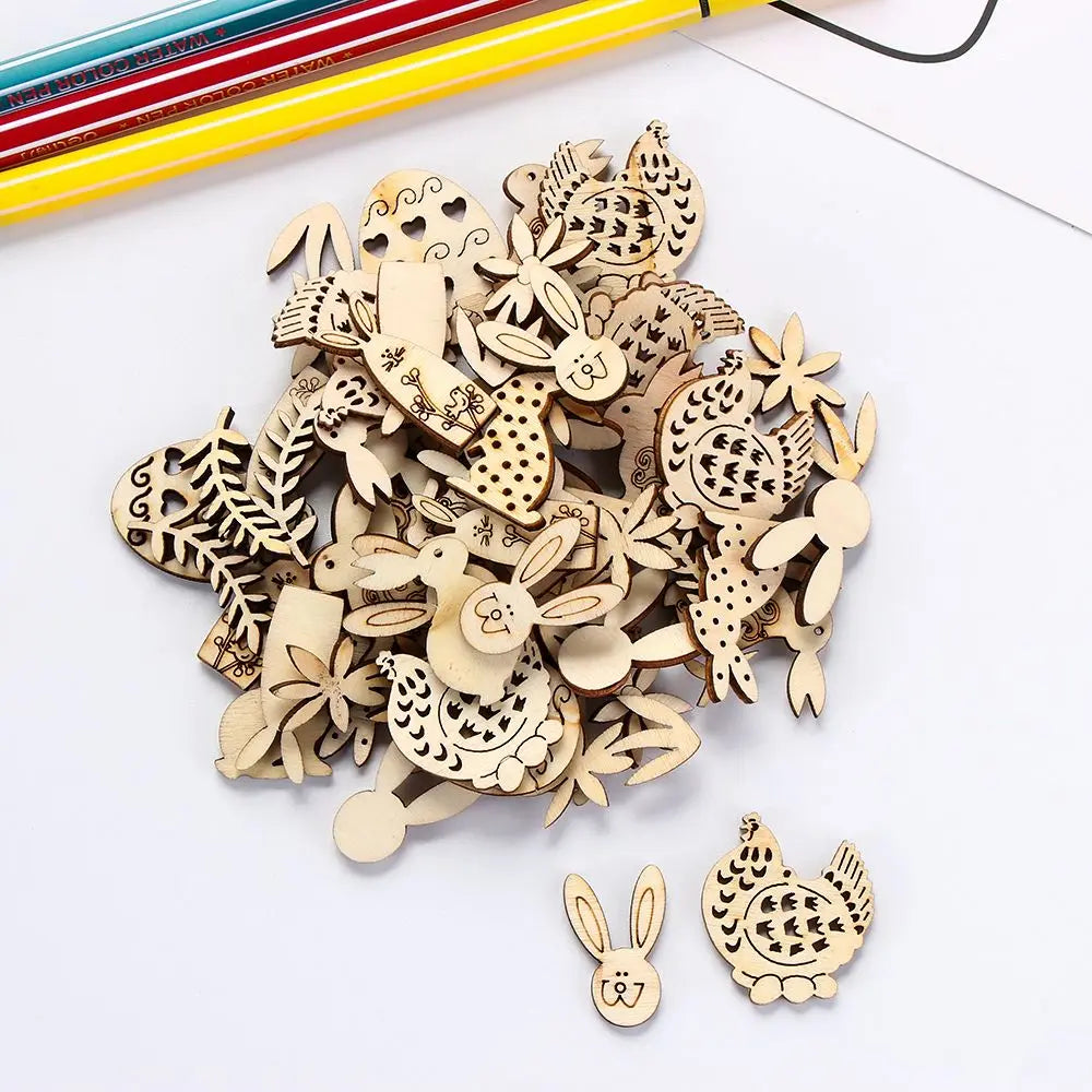 50pcs Happy Easter Rabbit Eggs Wooden Craft Ornaments