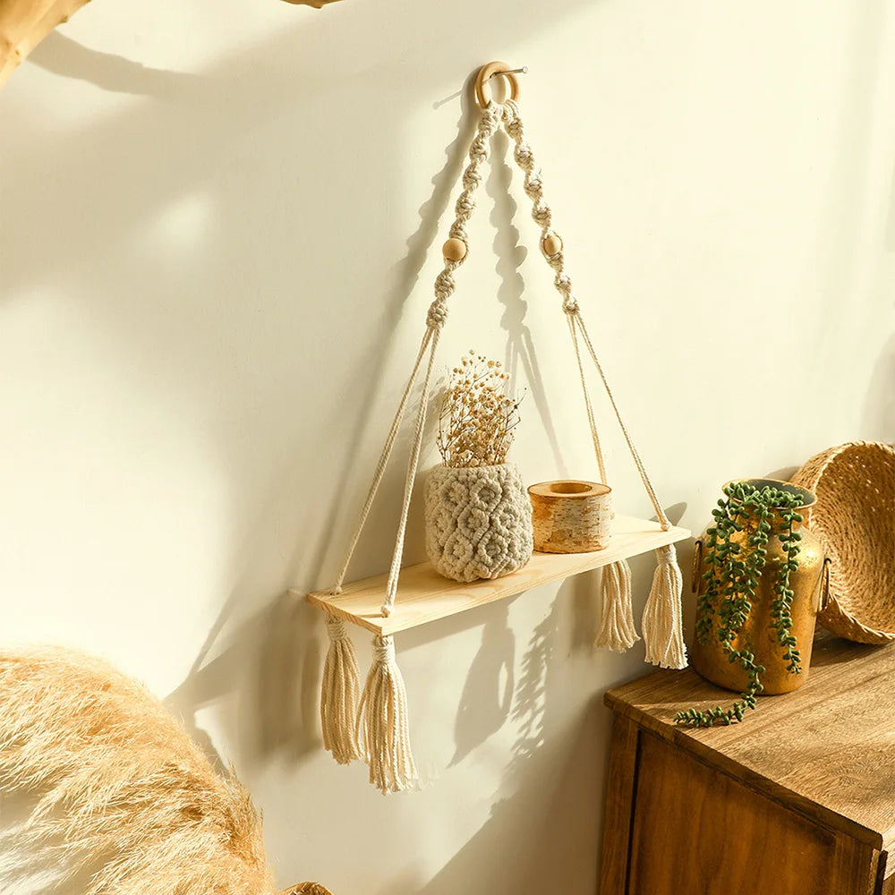 Wooden Wall Shelves Boho Floating Macrame Hangers Rustic Decor