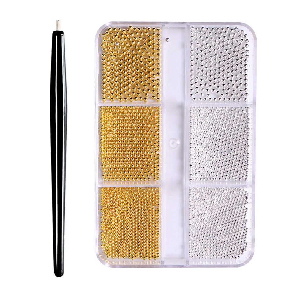 12 Grids Mini Caviar Beads Nail Art Charms 3D Metal Gold Silver Steel Ball (0.4mm-1.5mm) Nail Parts With Magnetic Pen Nail Decor