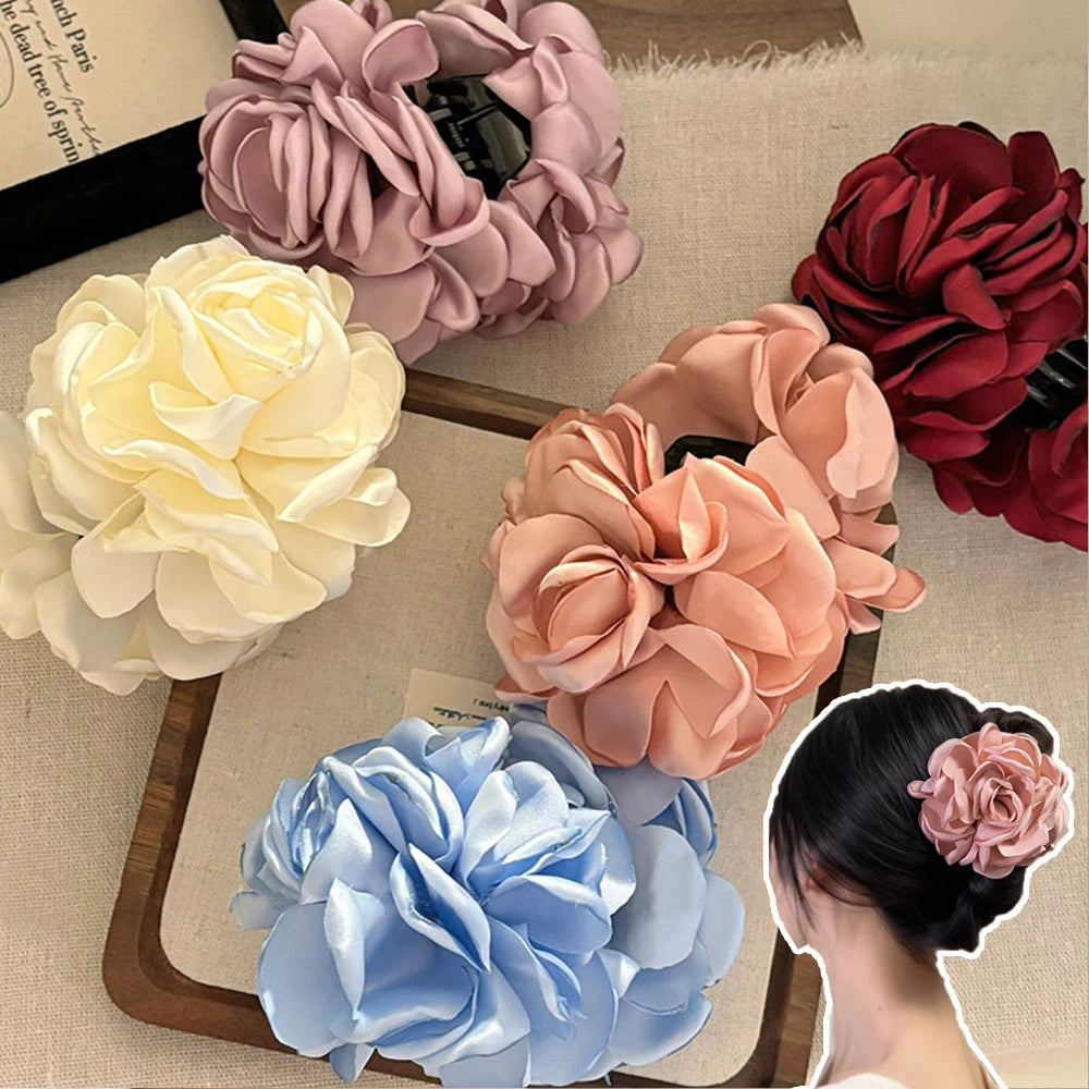 Fashion Satin Rose Flower Large Hair Claw Clip for Women 2024 Spring Summer Trendy Design Korean Colored Hairpin Headdress