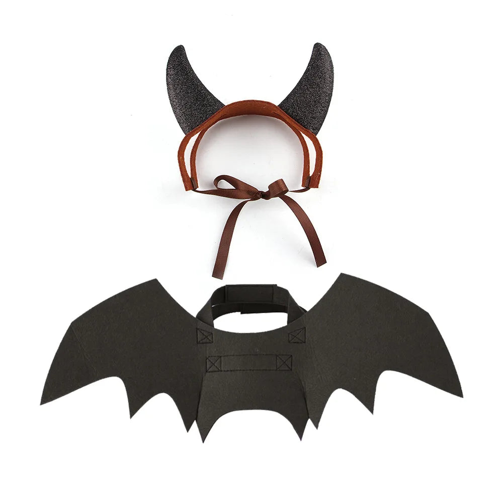 Pet Costume Set Cute Devil Transformation Outfit with Horns & Bat Wings Funny Animal Dress-Up for Cats Halloween Cosplay