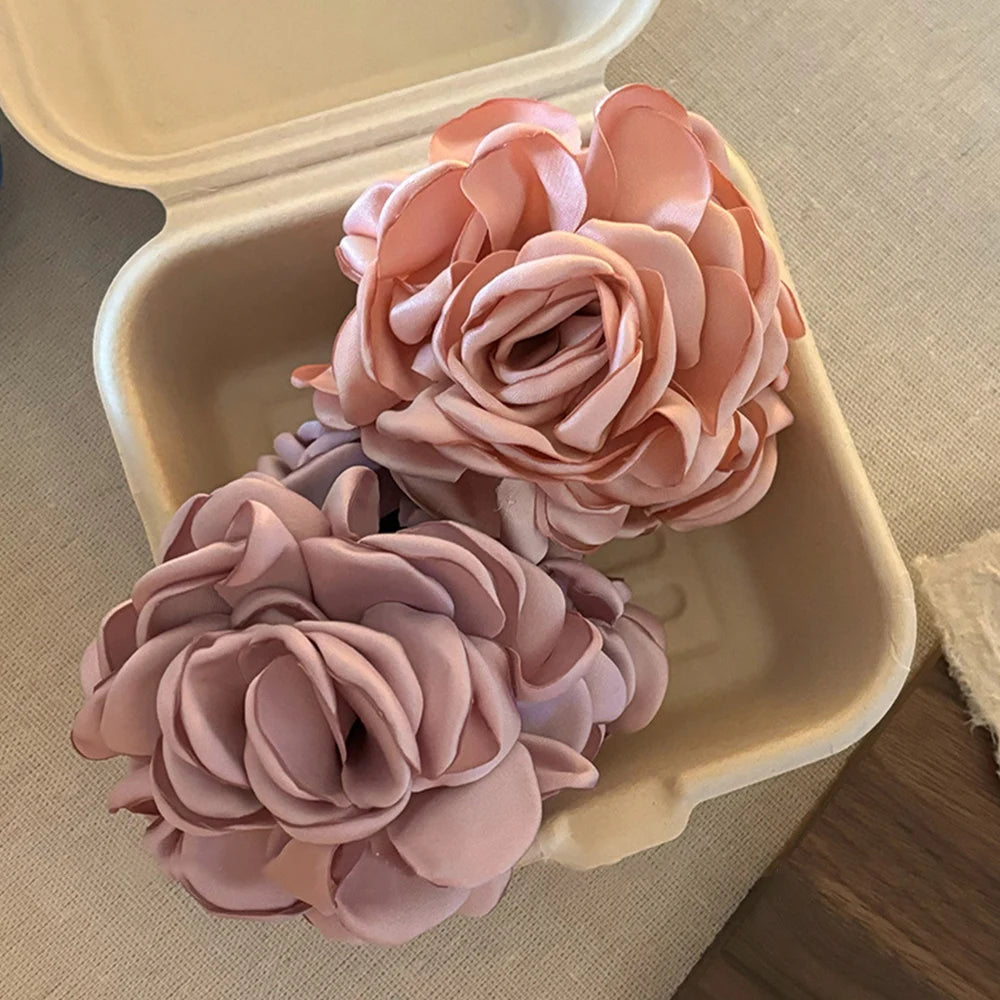 Fashion Satin Rose Flower Large Hair Claw Clip for Women 2024 Spring Summer Trendy Design Korean Colored Hairpin Headdress