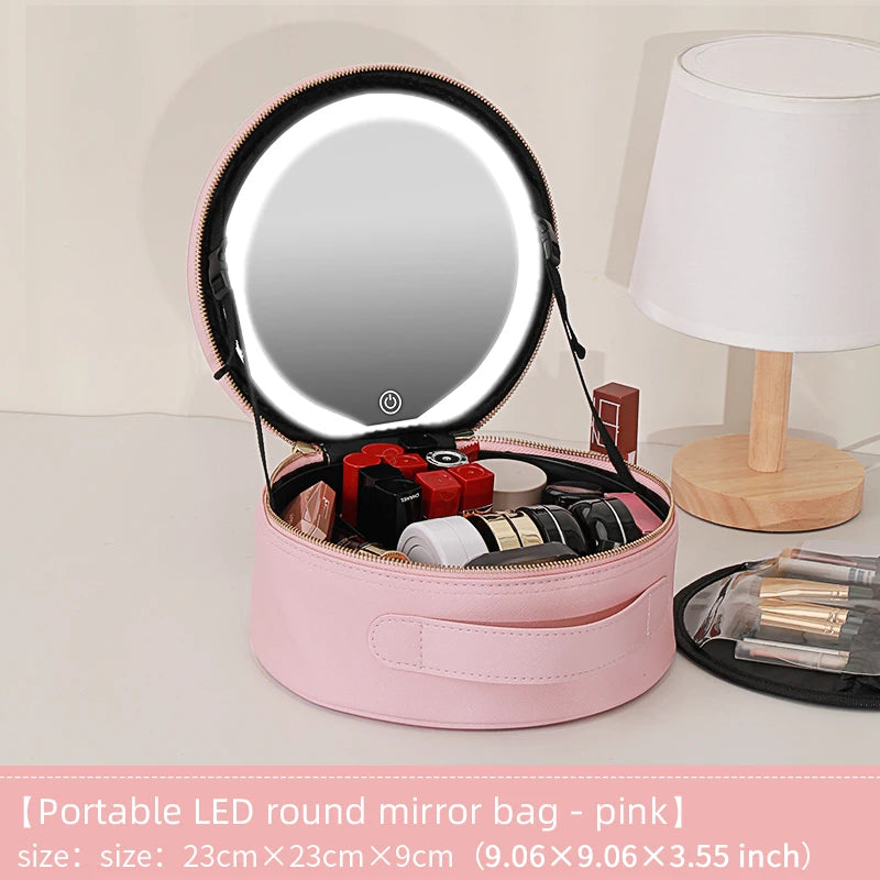 Travel PU Makeup Bag with LED Mirror and Light Portable Cosmetic Organizer for On-the-Go Beauty