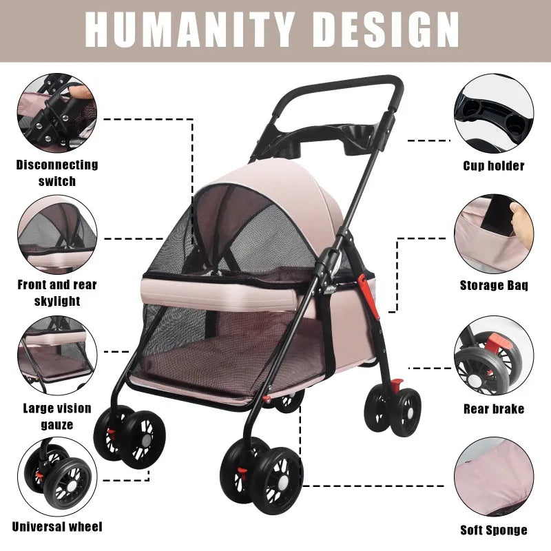 Pet Dog And Cat Stroller with Foldable Dog And Cat Cage Jogging Stroller With Cup Holder Suitable Small And Medium Dogs and Cats