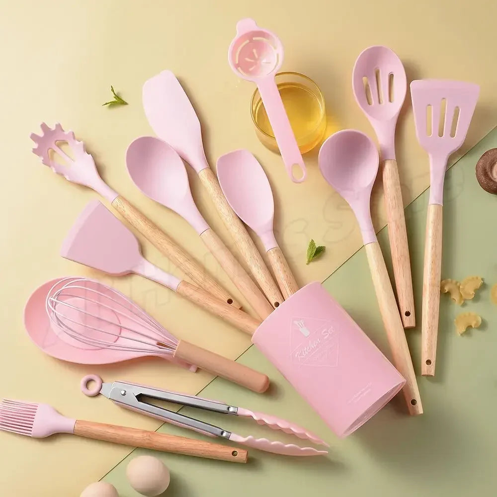 Silicone Kitchen Utensil Set 12 Pieces Food Grade Cooking Tools Turner Spatula Measuring Spoon Eco-Friendly Cookware