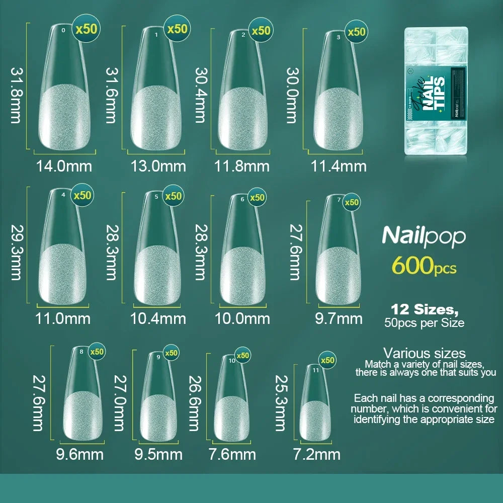 Nailpop 600PCS Nail Tips Full Cover Medium Length Ballerina Press On False Nail Extenison Tips with Box for Salons and Home DIY