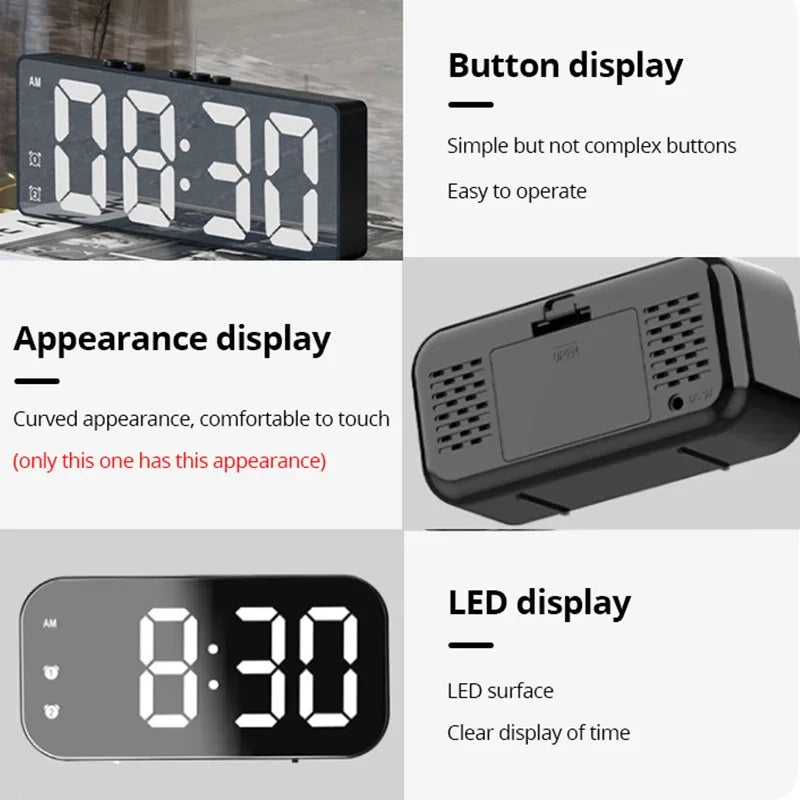 LED Mirror Table Clock with Digital Alarm and Snooze Function