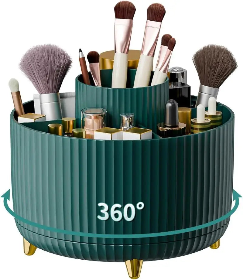 1pc 360°Rotating Makeup Organizer Storage Elegant Stripe Makeup Brushes Holder 5-Compartment Cosmetic Holder for Vanity Bathroom