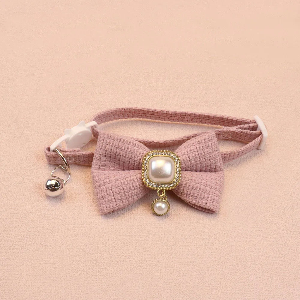 New Waffle Pet Collar Cute Bow Bell Cat Collar Retro Pearl Pendant Dog Collar Accessories