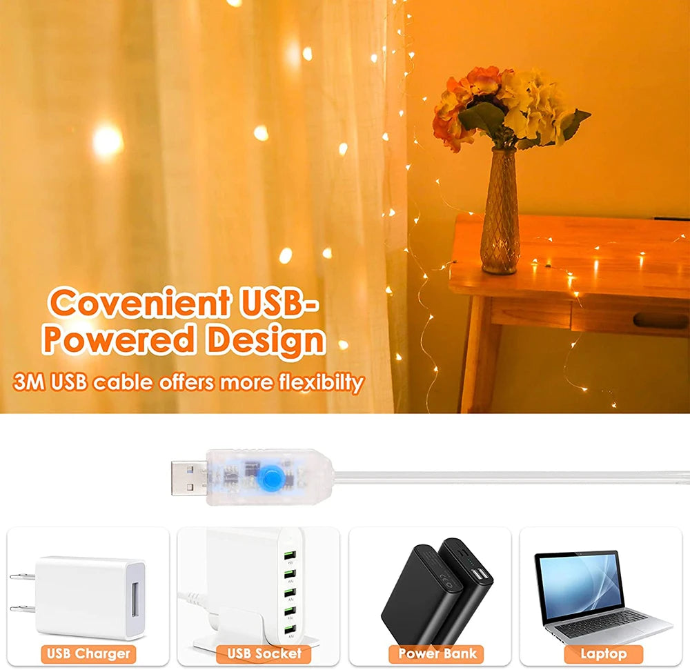 LED Curtain Garland Lights 8 Modes USB Power Remote Control Waterproof Fairy Light  Festive Lighting Wedding Christmas Decor