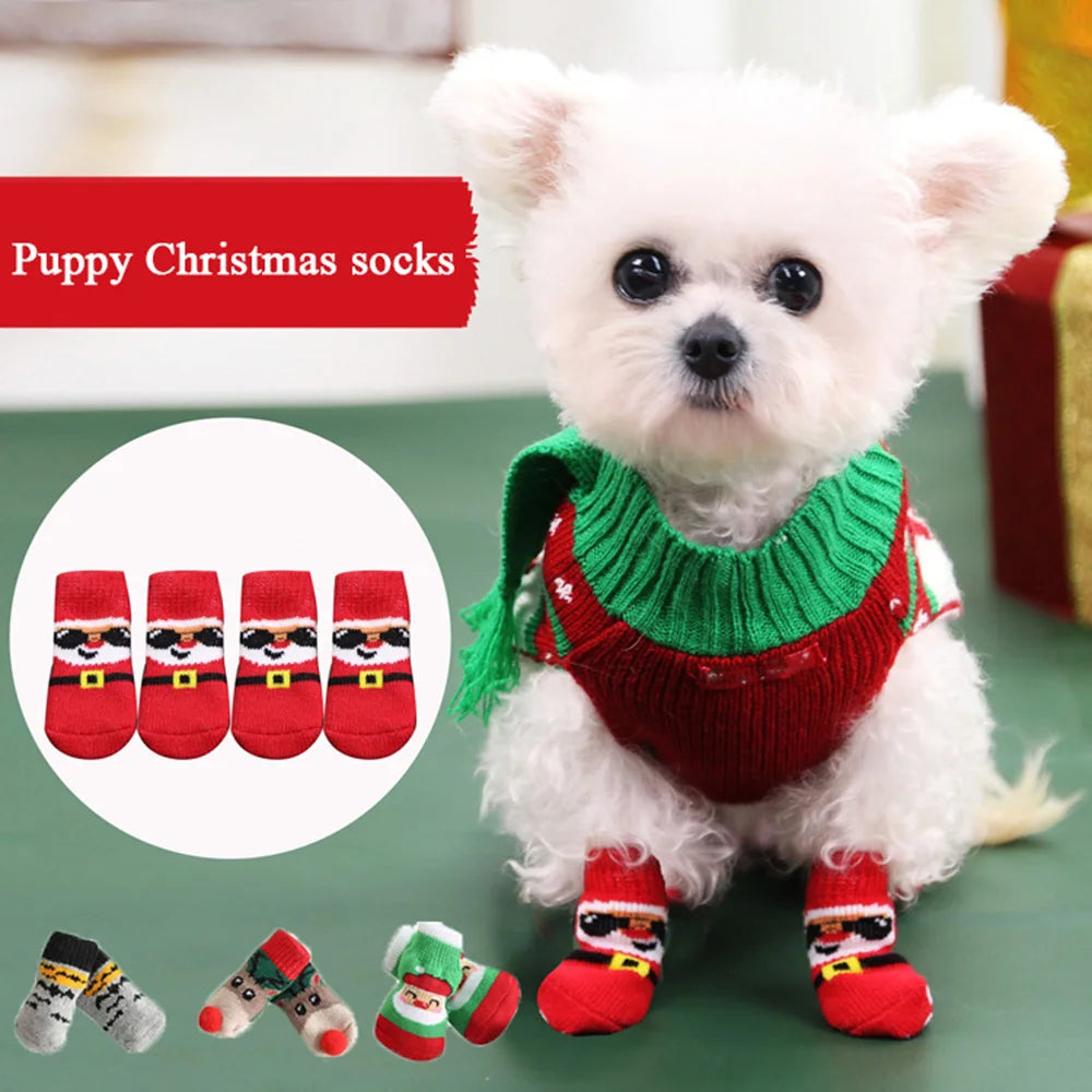 Dog Cat Socks Christmas Pattern Foot Covers Small Dogs Anti Slip Cat Socks Puppy Knitted Paw Protector Cute Festival Themed