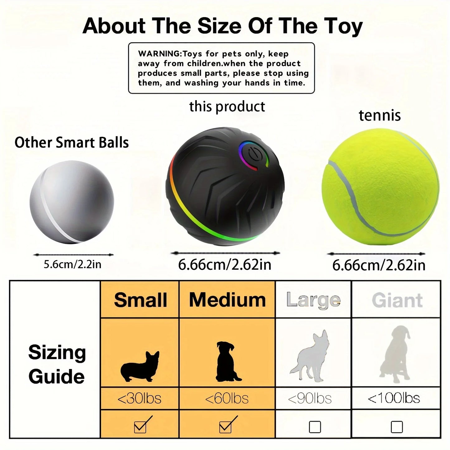 6.6cm/2.62in large size pet smart bouncing ball, motion activated dog ball, suitable for automatic rolling ball toys.