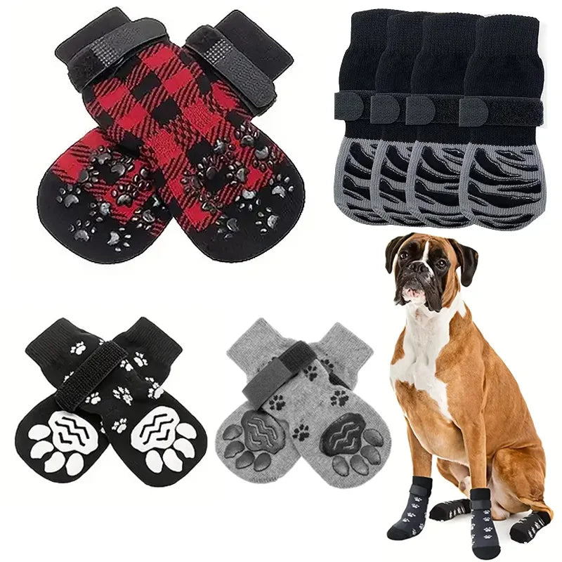 4Pcs/set Anti-Slip Dog Socks 4pcs Paw Protector Traction Control Adjustable Indoor Wear Knitted with Rubber Reinforcement