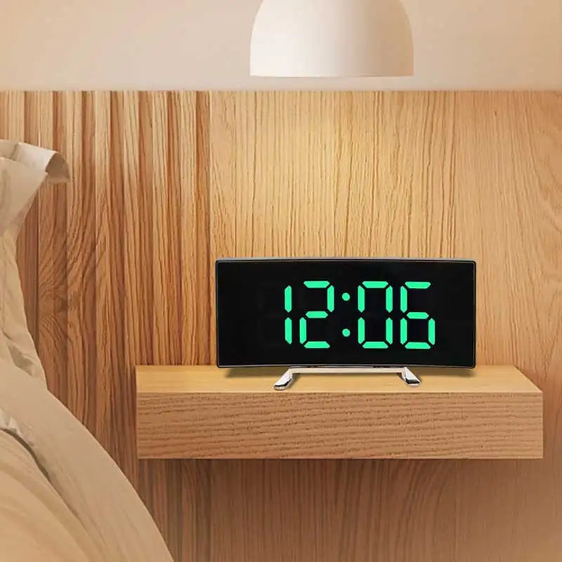 Creative Curved Electronic Clock LED Large Screen Mirror Alarm Clock for Students Silent Multifunctional Desktop Use