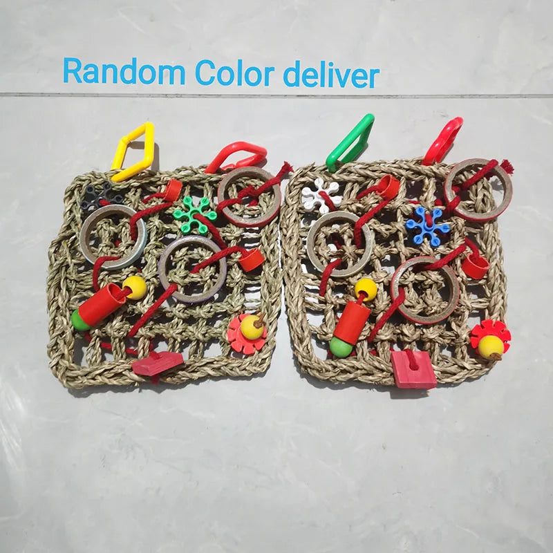 Parrot Bird Toys Foraging Wall Edible Seagrass Woven Climbing net Mat with Colorful Chewing Toys for Parakeet Bird Hanging Cage