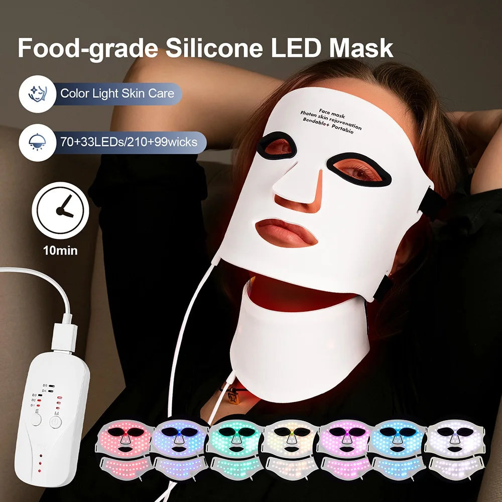 Silicone LED Mask Face With Neck 7 Colors Photon Therapy