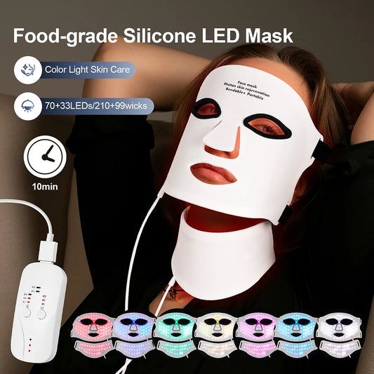 Silicone LED Mask Face With Neck 7 Colors Photon Therapy