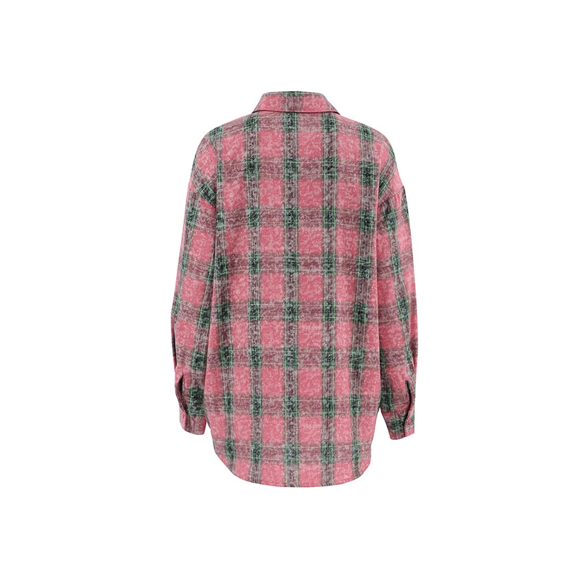 Mnealways18 Pink Checked Washed Shirts For Women Long Sleeve Street Style Plaid Blouses And Tops Oversized Ladies Lapel Loose