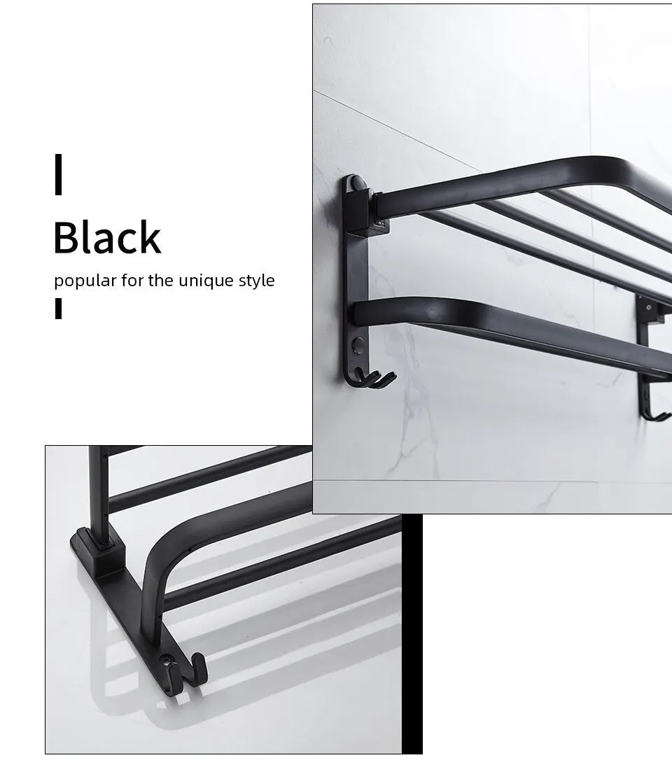 Toallero plegable de aluminio para pared, con gancho, color negro mate, 50 cm