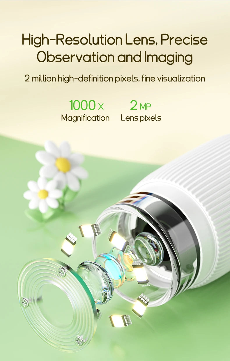 Kids Portable Digital Microscope 1000X Magnification with 2 Inch IPS Screen and 8 Adjustable LED Lights