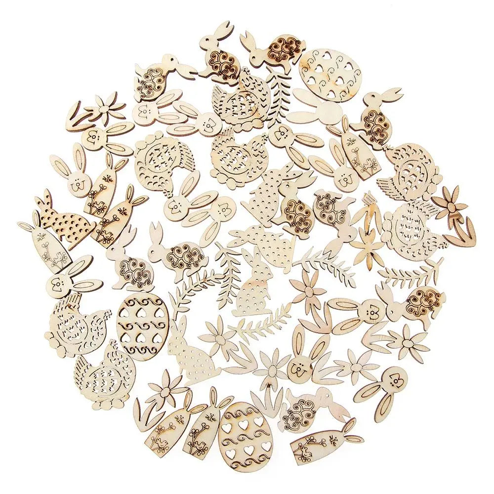 50pcs Happy Easter Rabbit Eggs Wooden Craft Ornaments