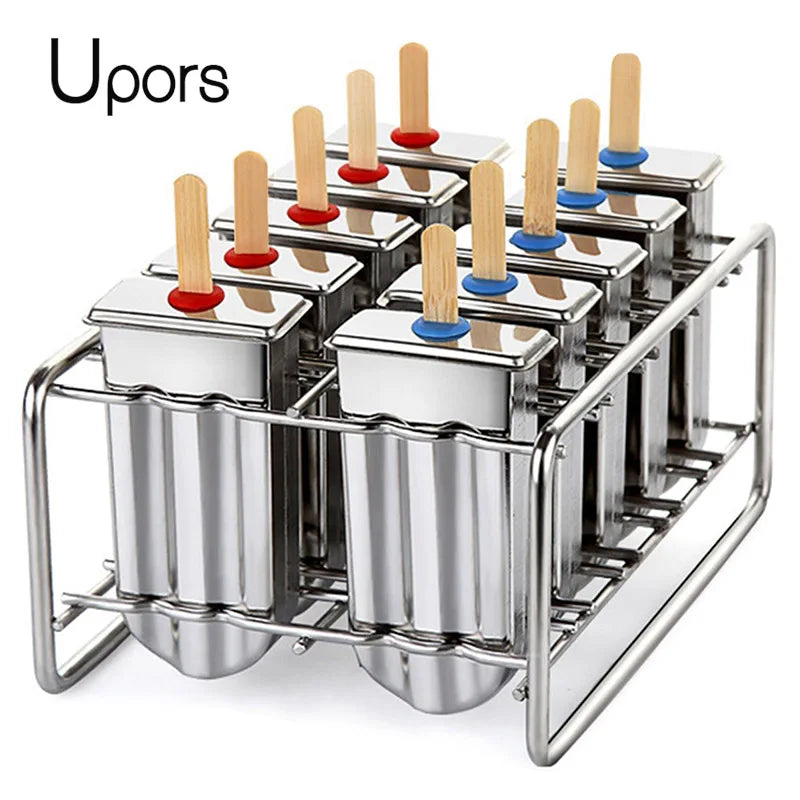 Stainless Steel Popsicle Mold Set – Reusable Ice Lolly Maker with Holder Rack for Homemade Treats
