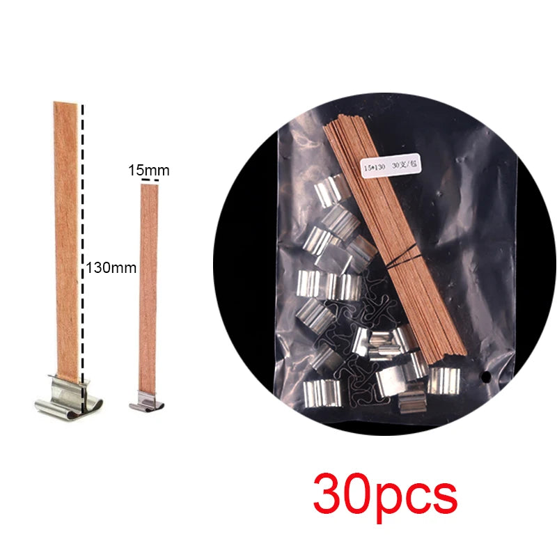 30pcs Wooden Candle Wicks Set with Clip Base for DIY Candle Making