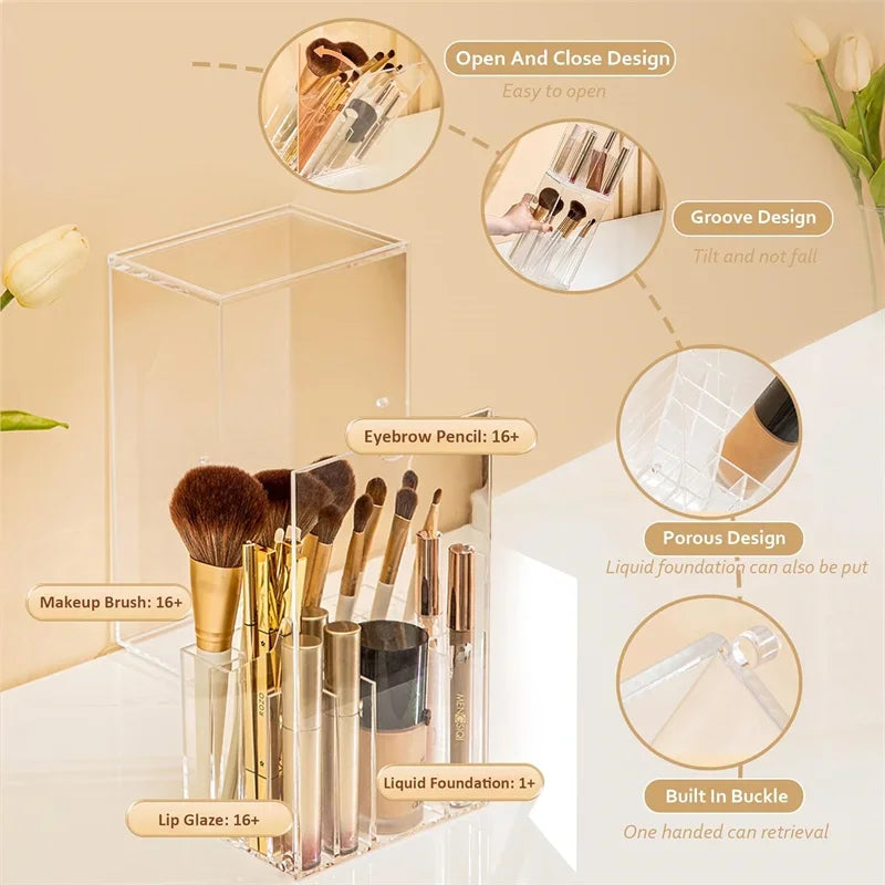 Large Capacity Clear Makeup Brush Holder Organizer with Lid 17 Slot Slanted Design for Desk Storage