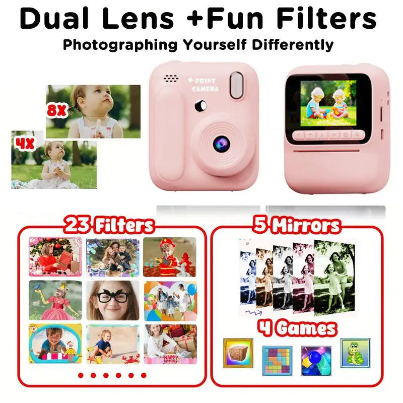 Color Printing Camera  Kids Instant Camera 32GB 1080P Thermal Print Digital Camera Print Photo Video Games Music Children Gift