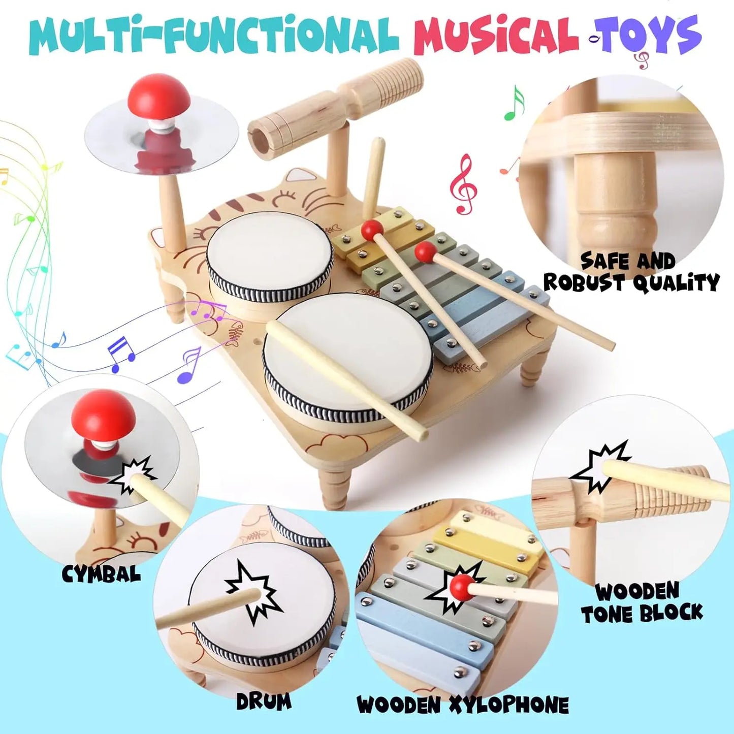 Wooden Xylophone Drum Set for Toddlers Montessori Musical Instruments Colorful Educational Toy