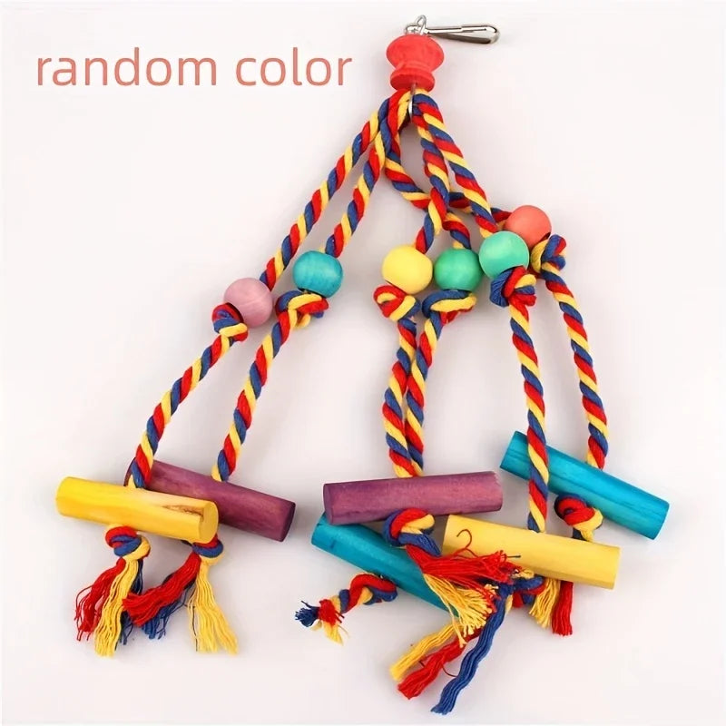 Wood Parrot Toys Bird Toys Colorful Bead Wooden Funny Training Bird Toys Cotton Rope Parrot Toy Bite Resistant Bird Tearing Toy