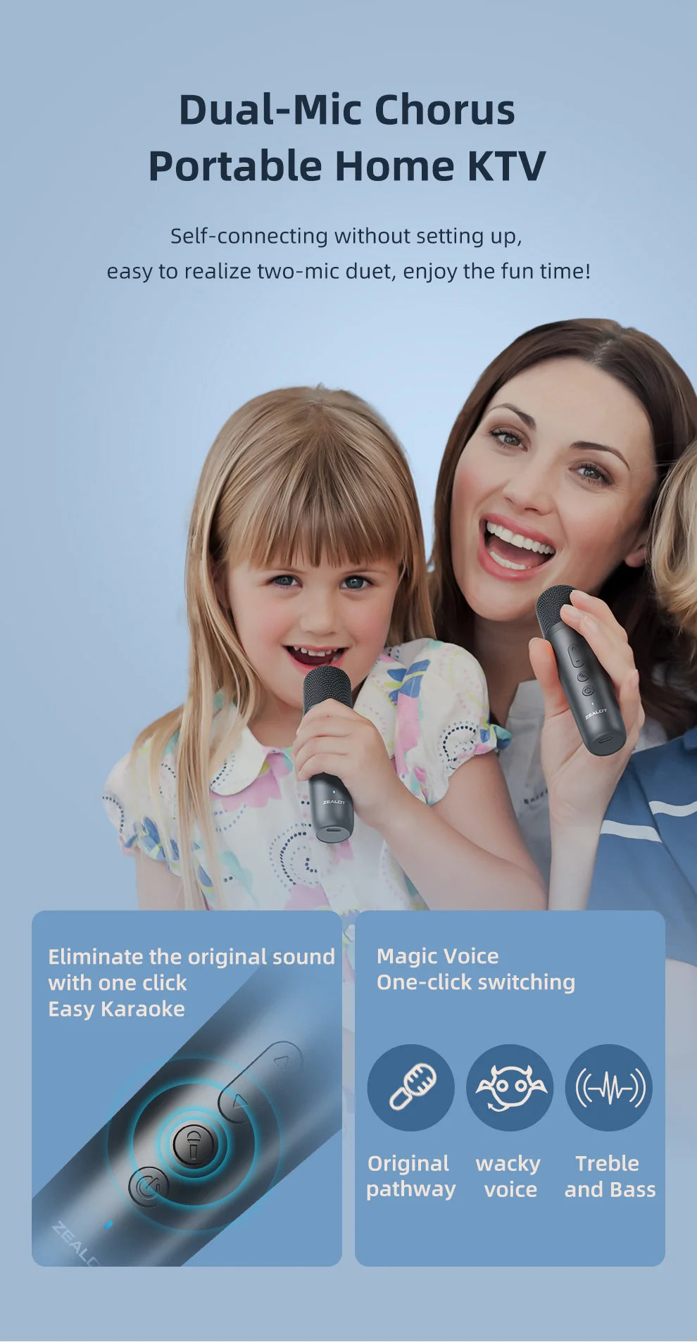 Zealot S62M Portable Bluetooth Karaoke Machine with Wireless Microphones Ideal for Home and Family Gatherings