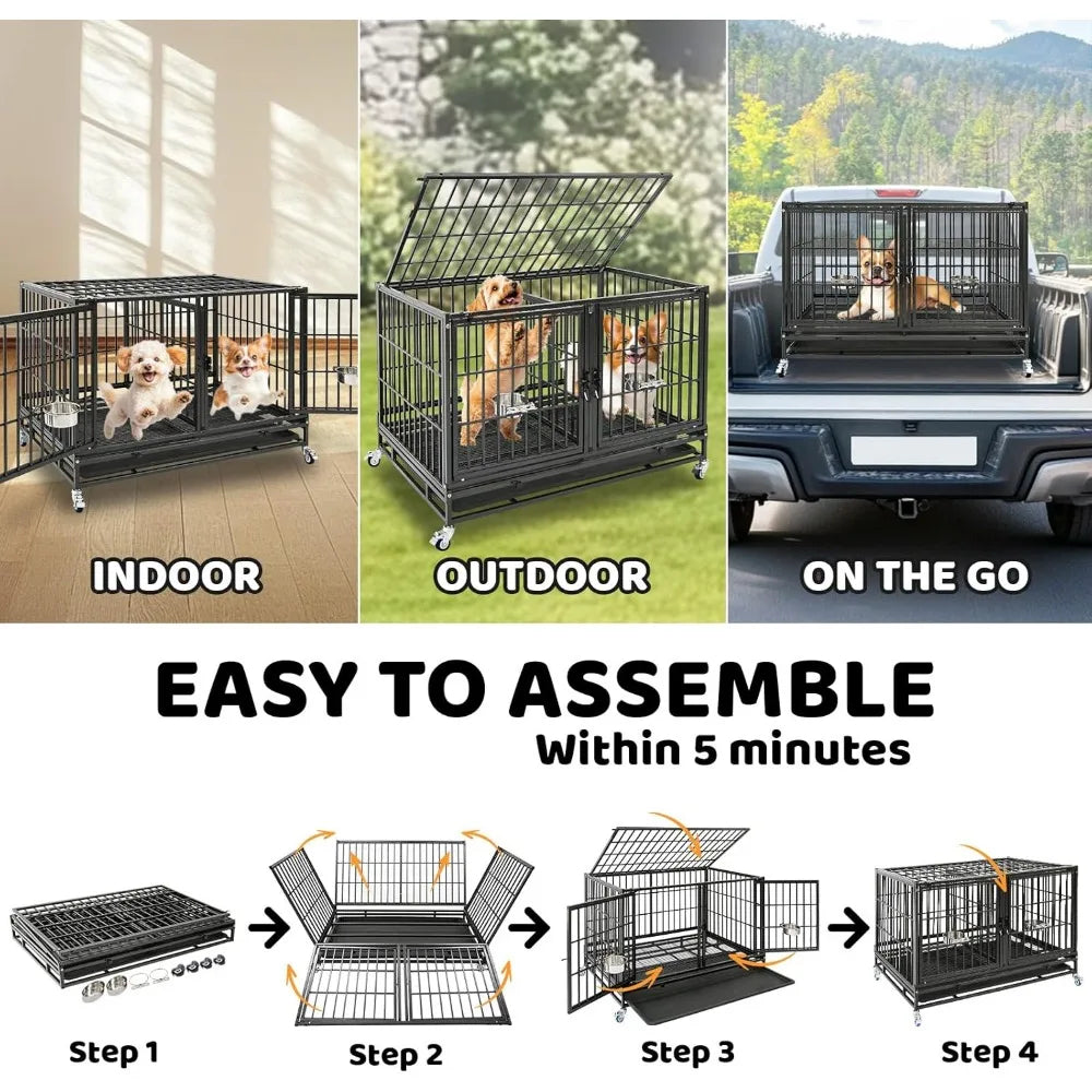 Three Tiers 43 inch Heavy Duty Dog Crate with Wheels, Stackable Indestructible Steel Dog Cage Kennel Indoor with Divider, Trays