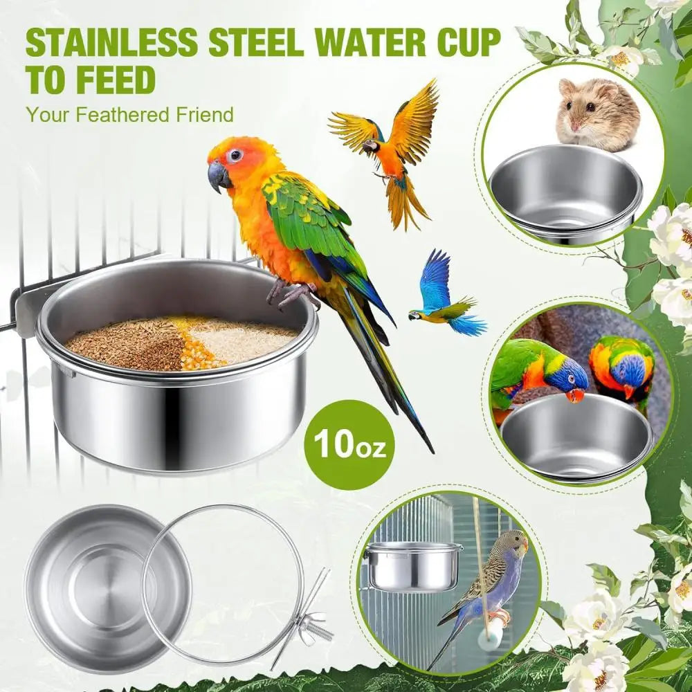Stainless Steel Bird Bowls Safe Cage Hanging Feeder Bowl Parrot Rabbit Hamster Food Water Feeding Bowl Pet Cage Accessories
