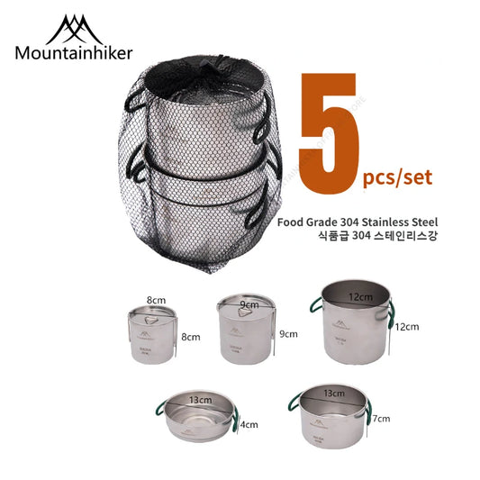 MountainHiker 5 Piece Camping Cookware Set 304 Stainless Steel Portable Outdoor Cooking Kit for Hiking BBQ and Picnic