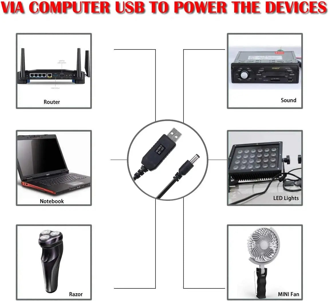 WiFi to Powerbank Cable Connector DC 5V to 12V USB Cable Boost Converter Step-up Cord for Wifi Router Modem Fan Speaker