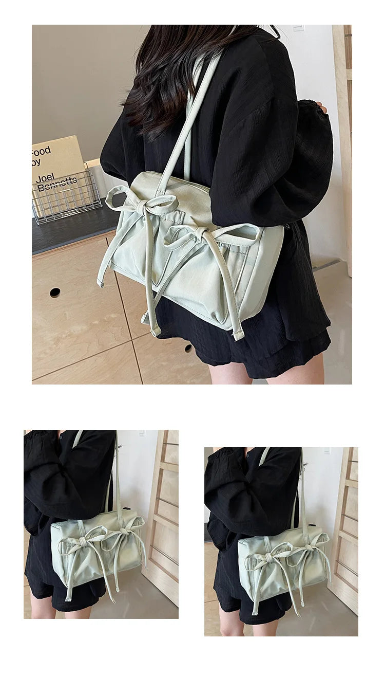 2024 New Korean Bow Nylon Shoulder Bag Fashionable and Sweet Design Tote Bag Folded Large Capacity Commuter Women's Handbag