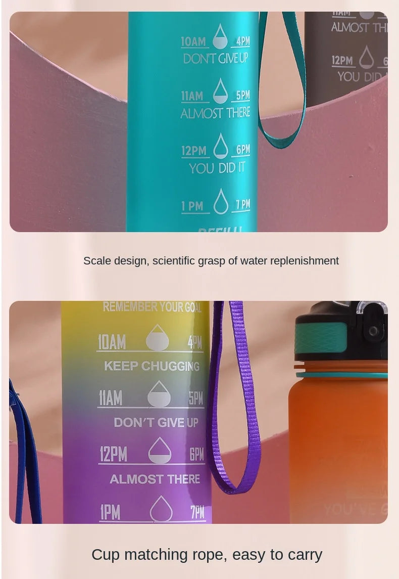 1pc 1000ml Large Capacity Gradient Water Bottle with Straw