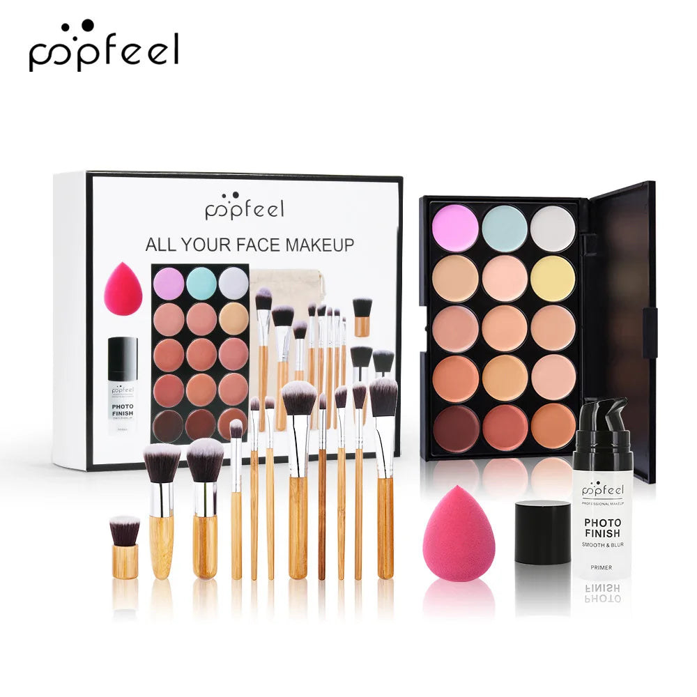 Popfeel All in One Makeup Kit Gift Set with Eyeshadow Palette Foundation Lip Gloss Blush Brushes and Eyeliner Essential Beauty Collection