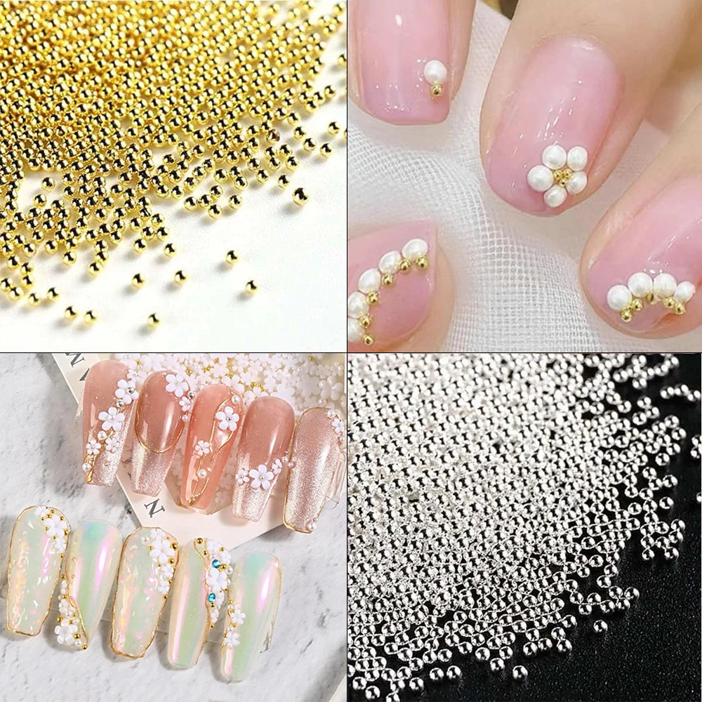 12 Grids Mini Caviar Beads Nail Art Charms 3D Metal Gold Silver Steel Ball (0.4mm-1.5mm) Nail Parts With Magnetic Pen Nail Decor