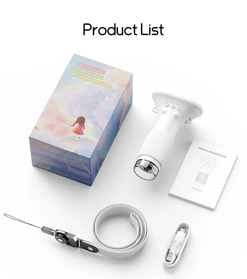 Kids Portable Digital Microscope 1000X Magnification with 2 Inch IPS Screen and 8 Adjustable LED Lights