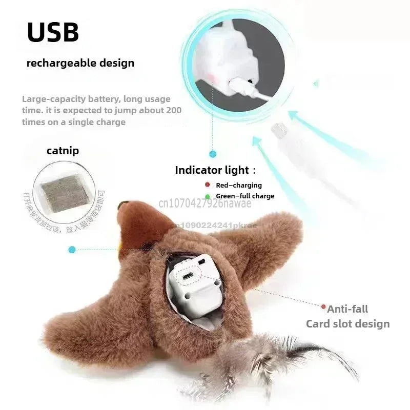 Interactive Cat Toys Rechargeable Electric Chirping Flapping Wings Bird with Catnip Cats Touch-Activated Squeaky Plush Toy Pet