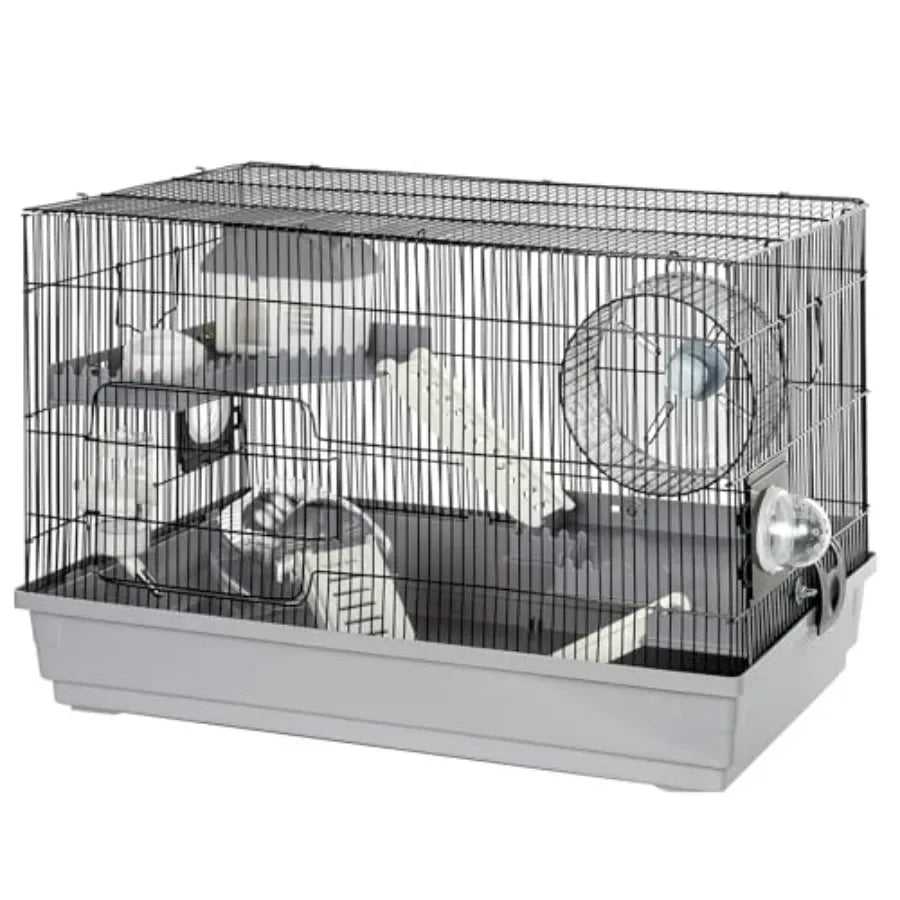 Multilevel hamster cage starter kit with spacious platforms exercise wheel hidehouse water bottle bathtub ladders and food bowl