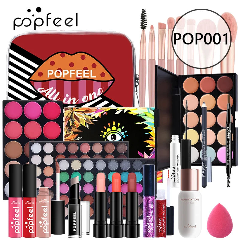 Popfeel All in One Makeup Kit Gift Set with Eyeshadow Palette Foundation Lip Gloss Blush Brushes and Eyeliner Essential Beauty Collection