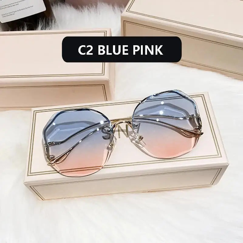 Fashion Tea Gradient Sunglasses Women Ocean Water Cut Trimmed Lens Metal Curved Temples Sun Glasses Female UV400